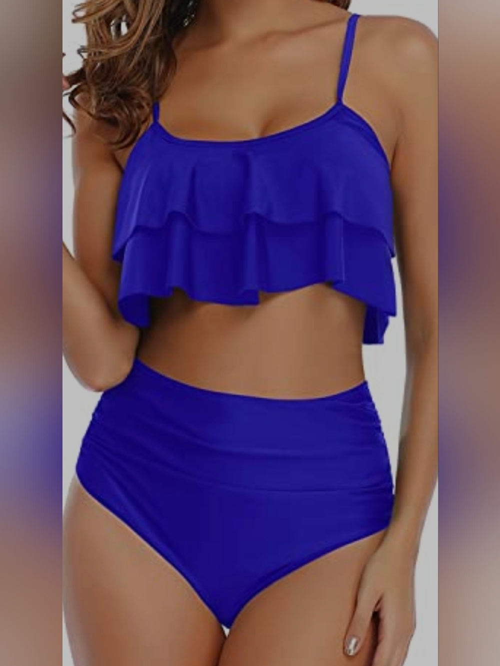 NWT - 2Pc Vintage-Inspired Ruffle Bikini High Waisted Bottom-Royal Blue (Medium)
